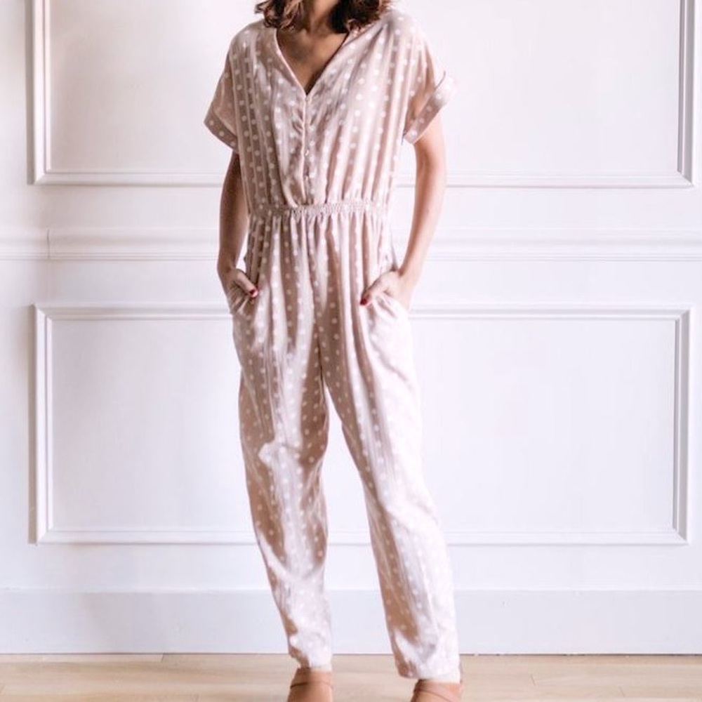 Everly Cottage Polka Dot Cream Short Sleeved Button Down Jumpsuit Size Large